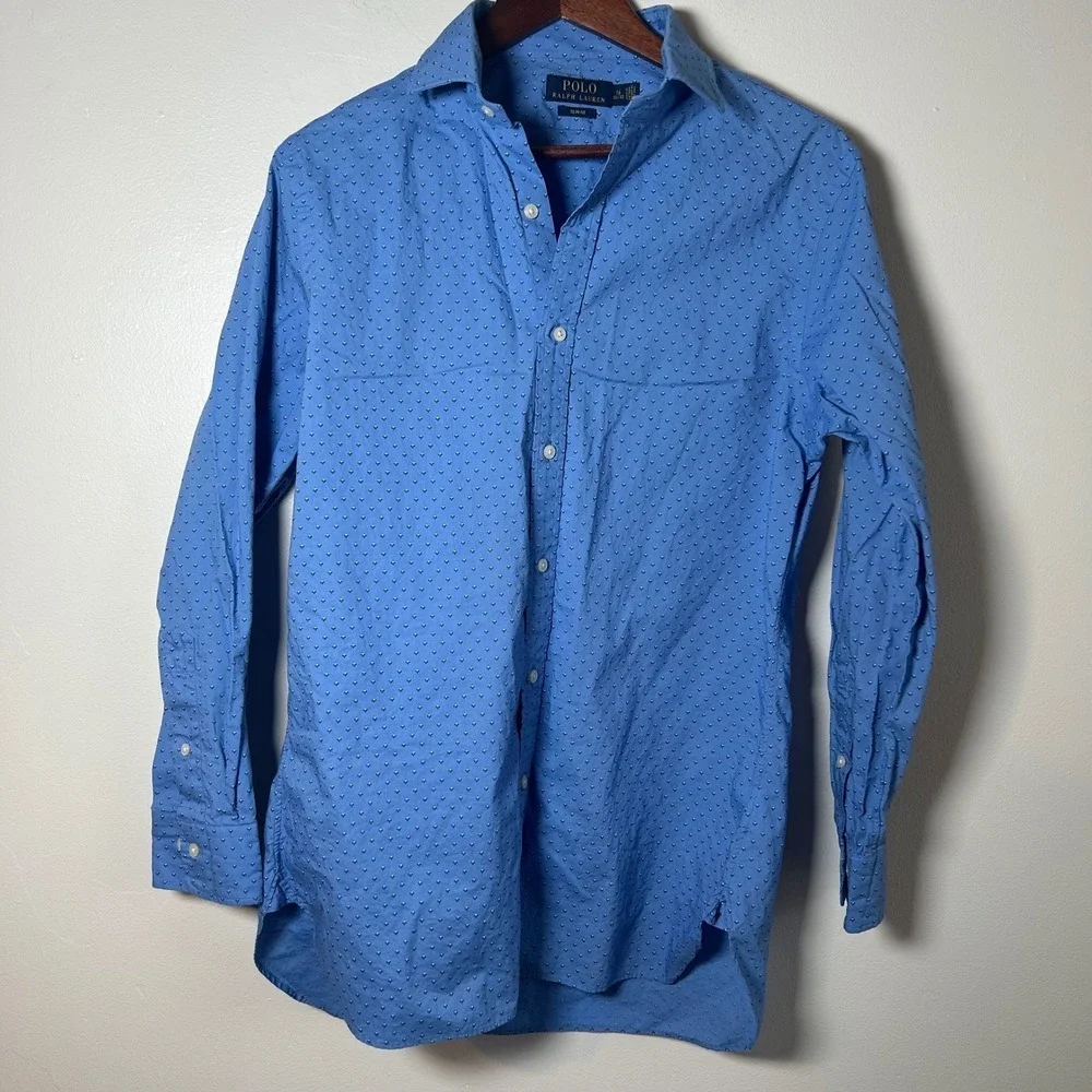Polo Ralph Lauren‎ Men's Blue Dotted Slim Fit Dress Shirt Size 16 32/33